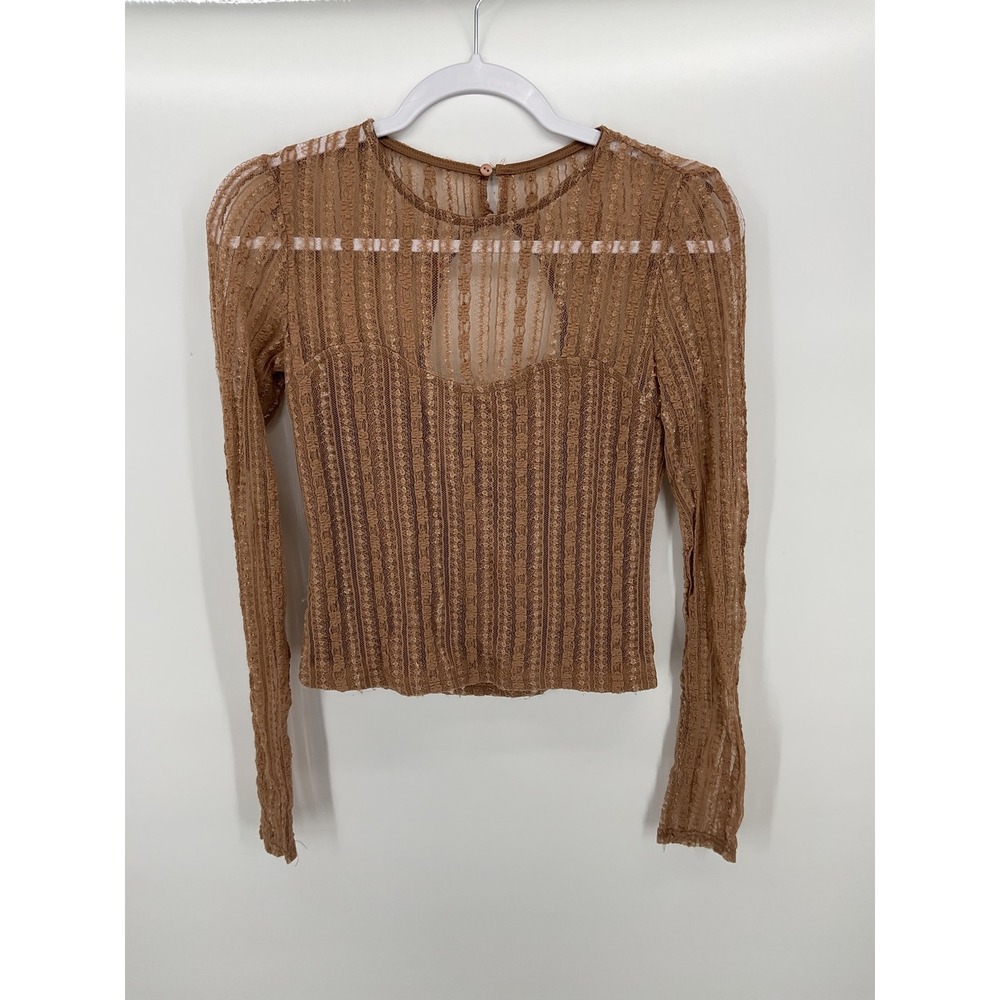 Lulus Lace‎ Top Women L Tan Brown Sheer Long Sleeve Keyhole Back Cutout Bodice